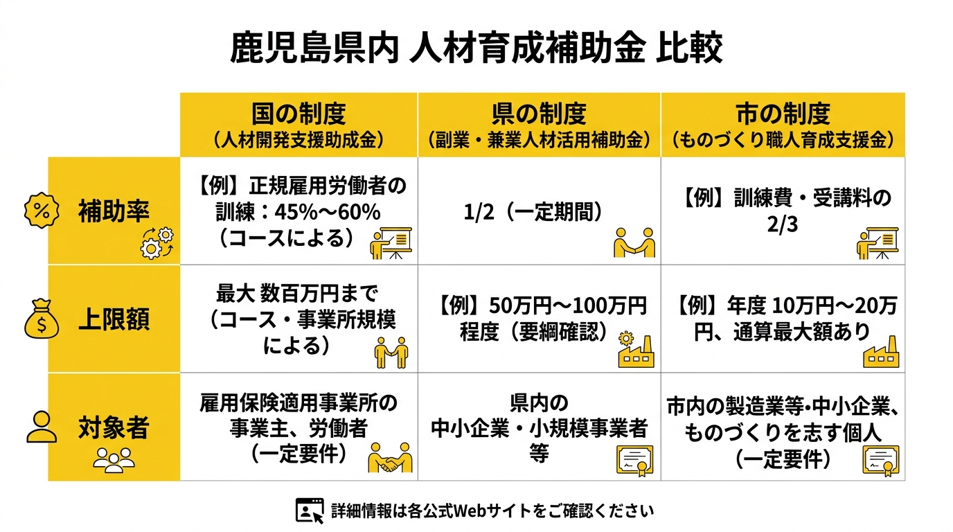 鹿児島県の人材育成補助金・助成金比較表