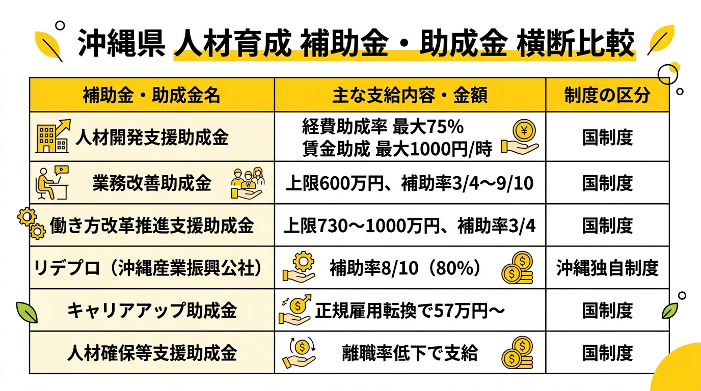沖縄県の人材育成補助金・助成金 横断比較図