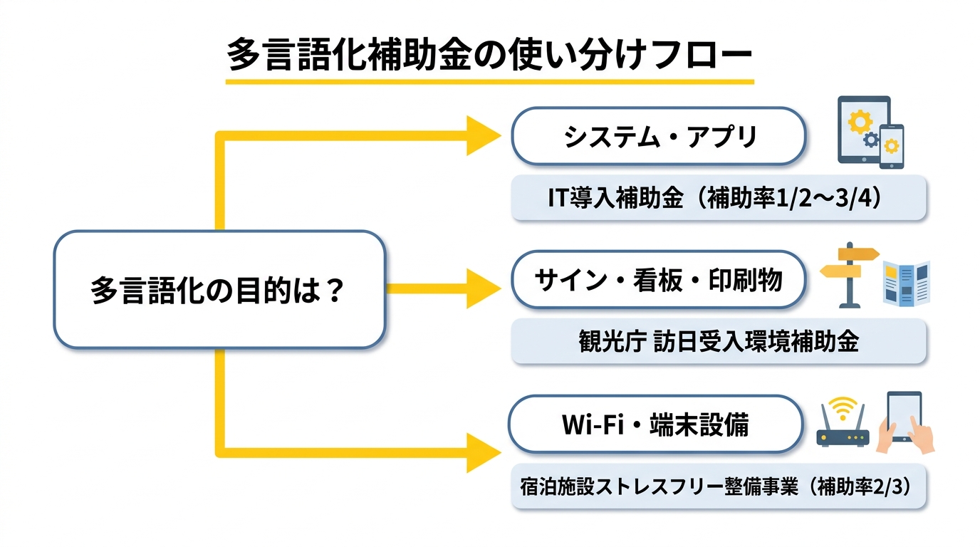 多言語化補助金の使い分けフロー図