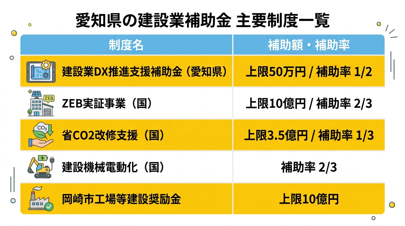 愛知県の建設業補助金 主要制度一覧