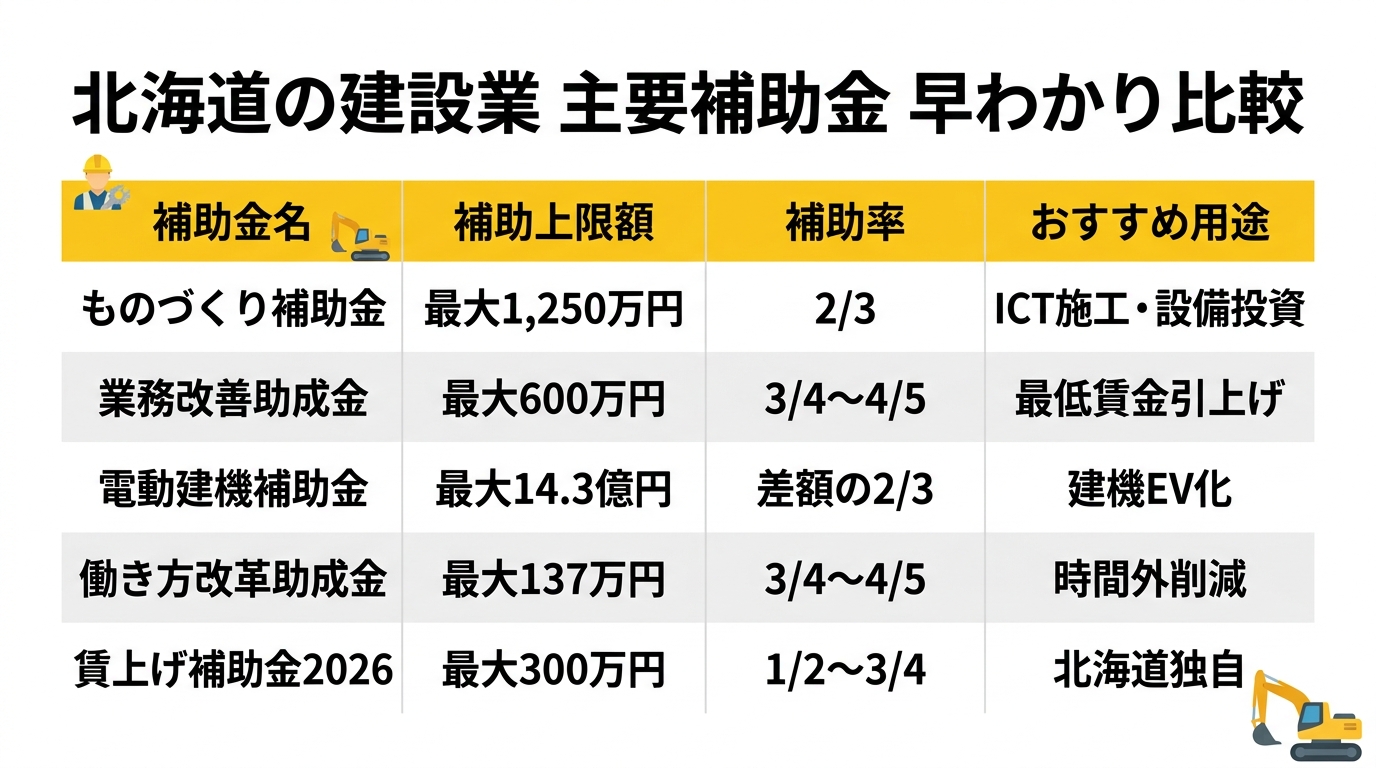 北海道の建設業 主要補助金 早わかり比較