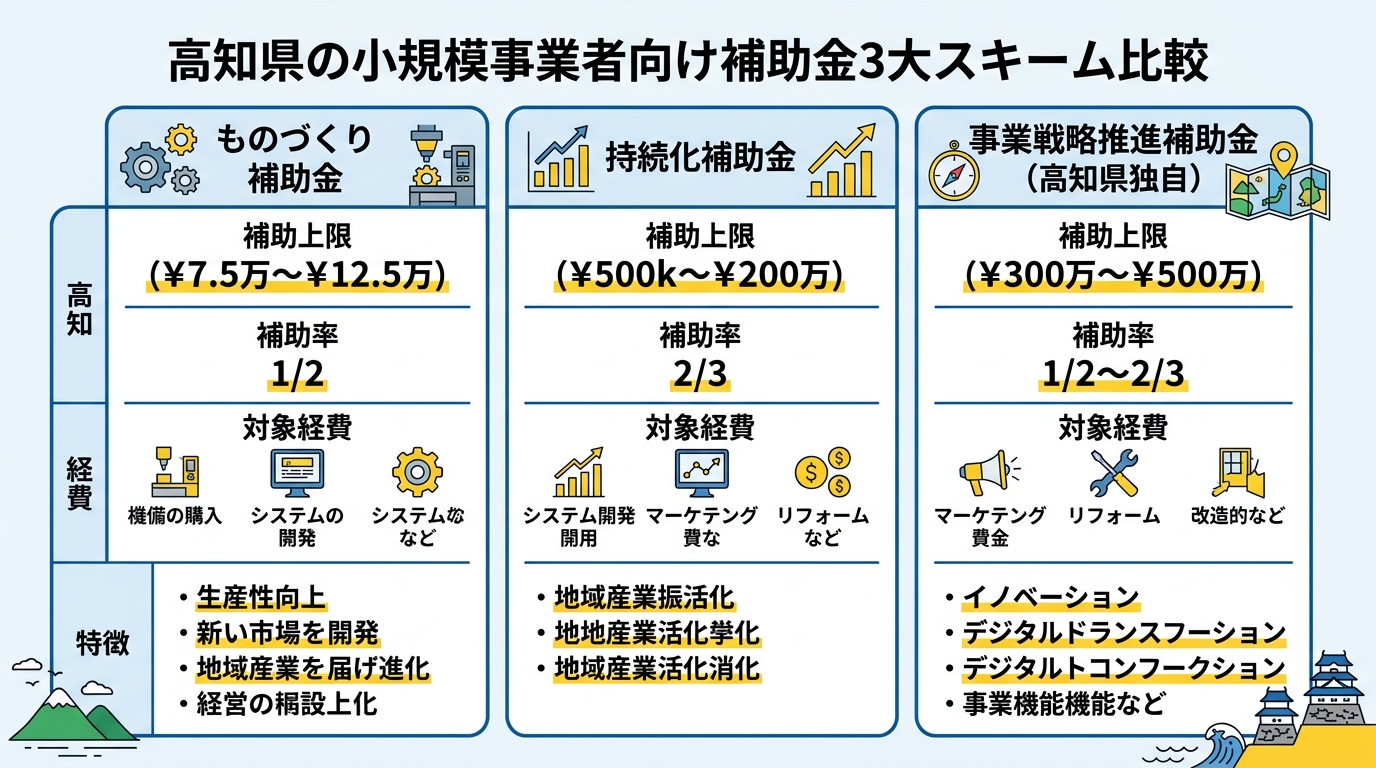 高知県の小規模事業者向け補助金比較表