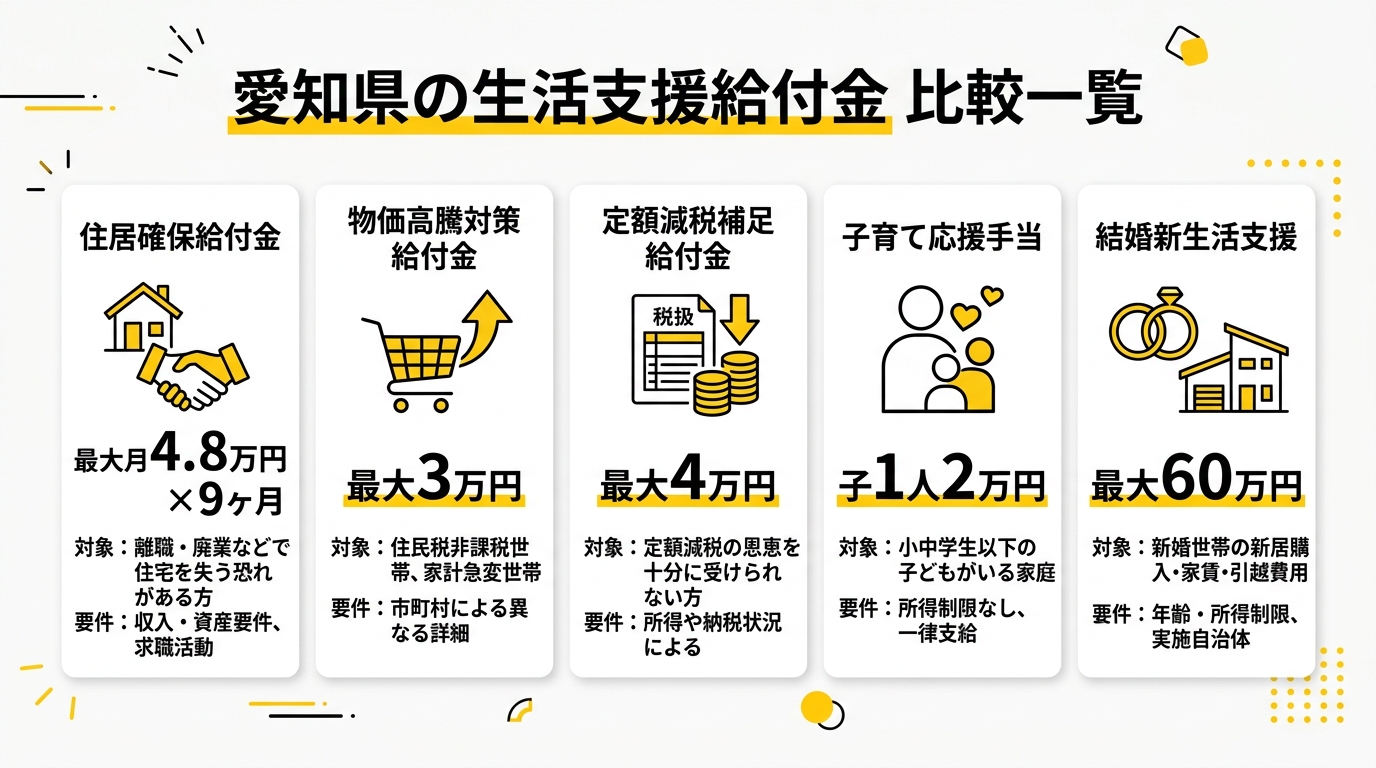 愛知県の生活支援給付金 比較一覧インフォグラフィック