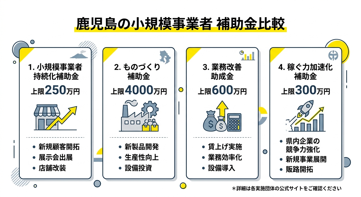 鹿児島県の小規模事業者向け補助金 早わかり比較