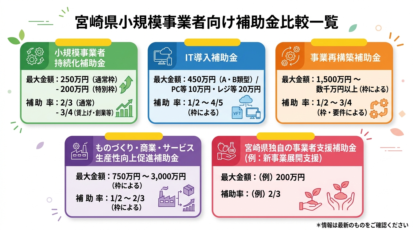 宮崎県の小規模事業者向け主要補助金 比較一覧