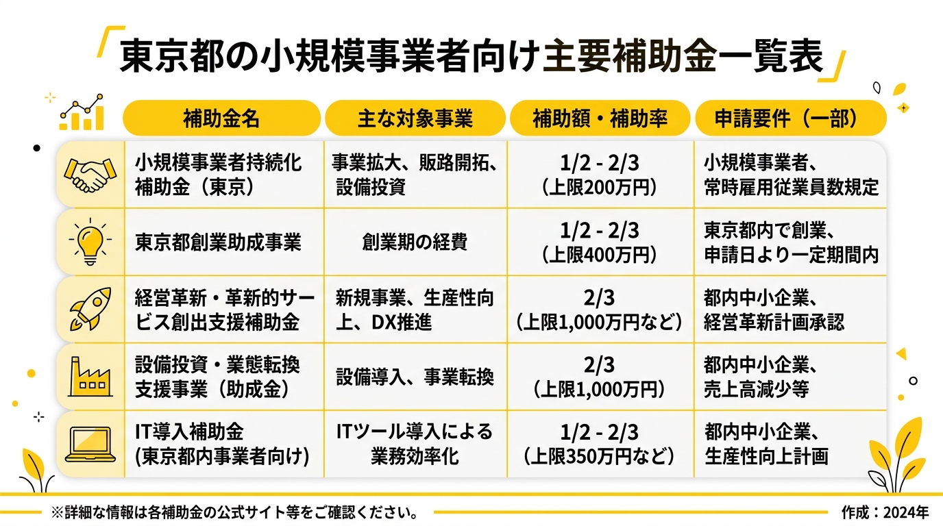 東京都 小規模事業者向け補助金・助成金 2026年最新比較表