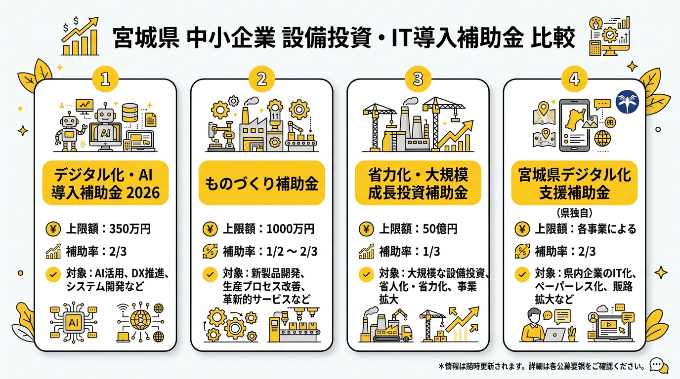 宮城県の設備投資・IT導入補助金 比較