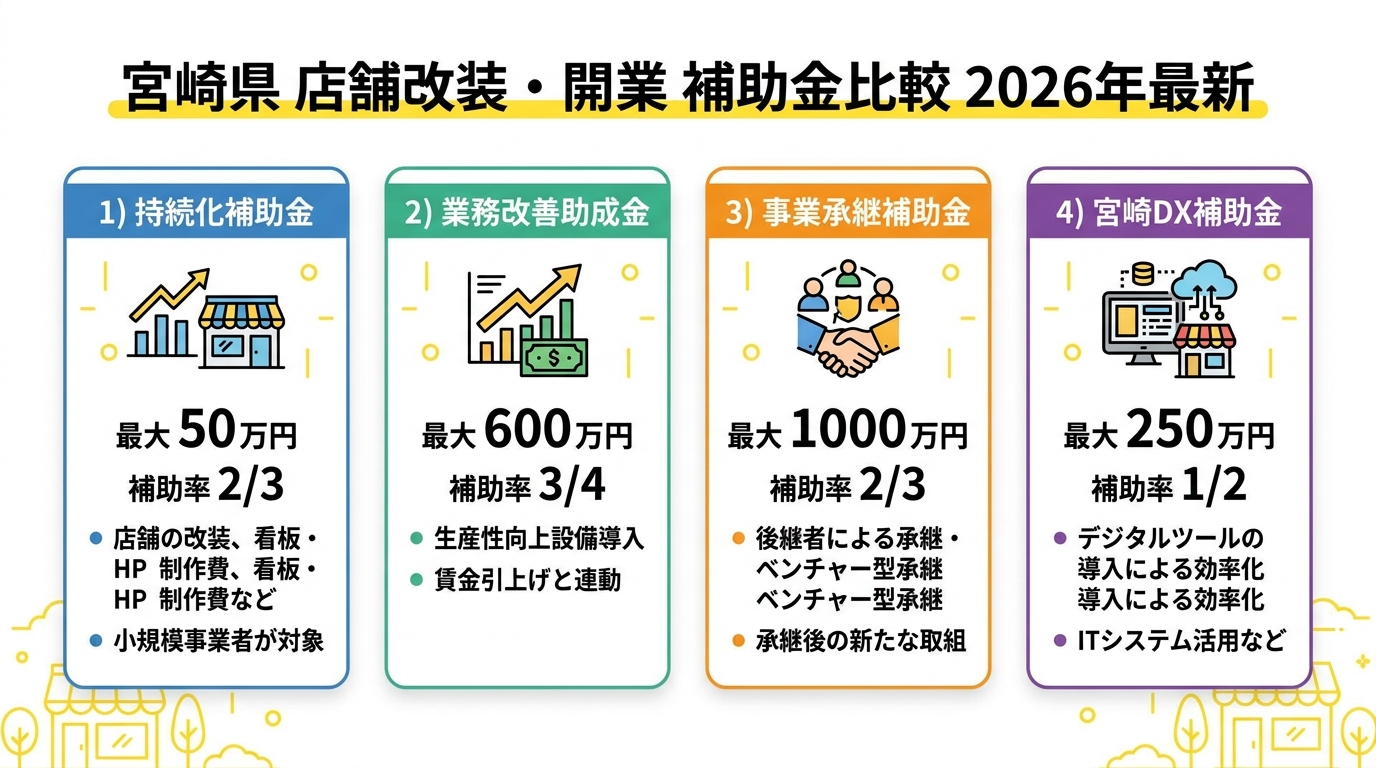 宮崎県 店舗改装・開業 補助金比較 2026年最新