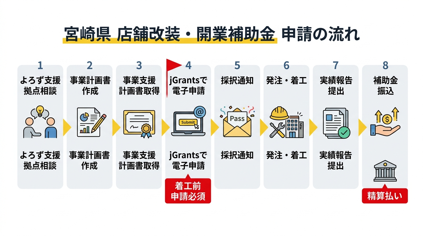 補助金申請フロー 宮崎県 店舗改装・開業
