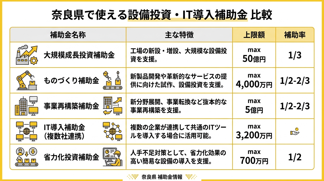 奈良県で使える設備投資・IT導入補助金 比較