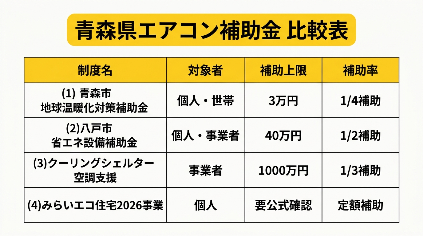 青森県エアコン補助金 比較表
