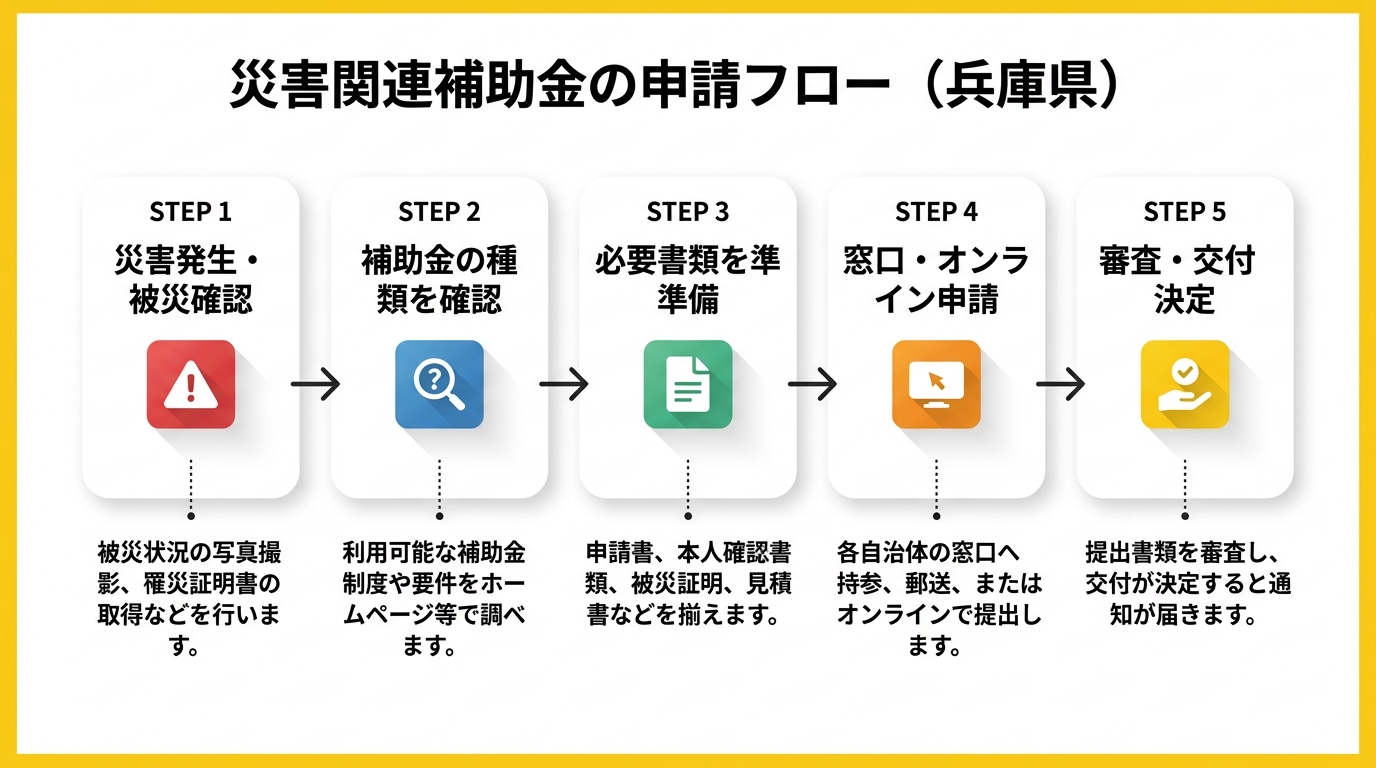災害関連補助金の申請フロー（兵庫県）
