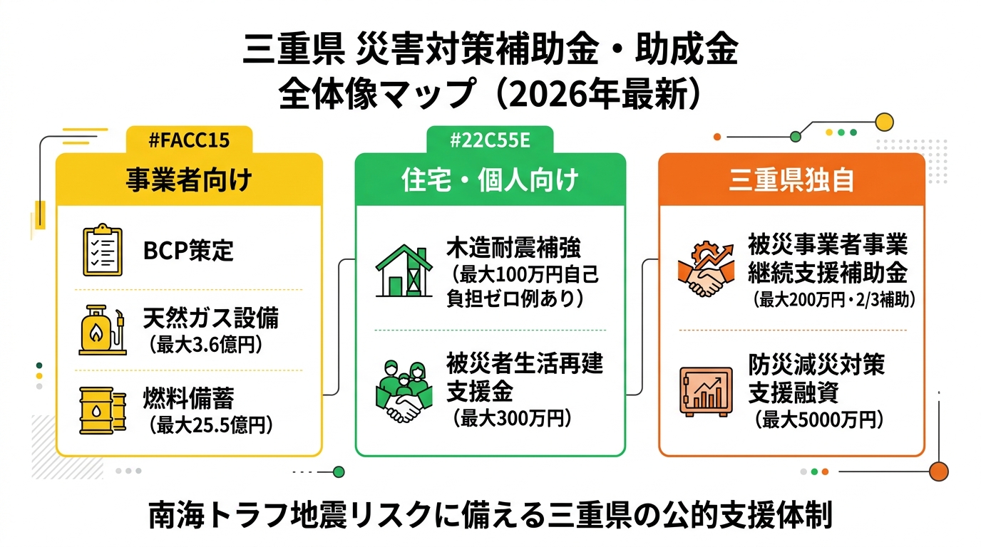 三重県 災害対策補助金・助成金 全体像マップ（2026年最新）