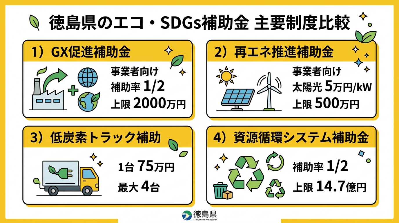 徳島県のエコ・SDGs補助金 主要制度比較