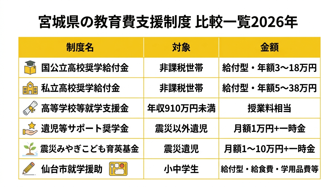 宮城県の教育費支援制度 比較一覧2026年