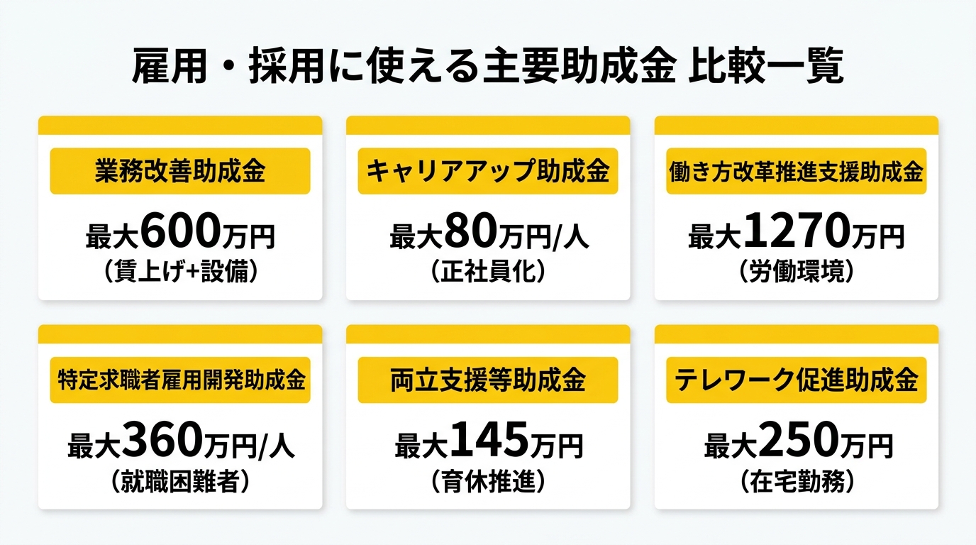 雇用・採用系の主要助成金比較図
