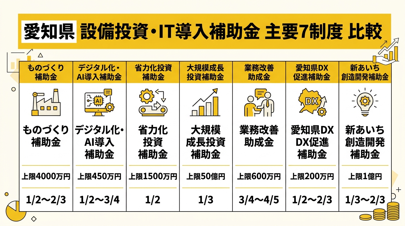 愛知県 設備投資・IT導入補助金 主要7制度 比較チャート