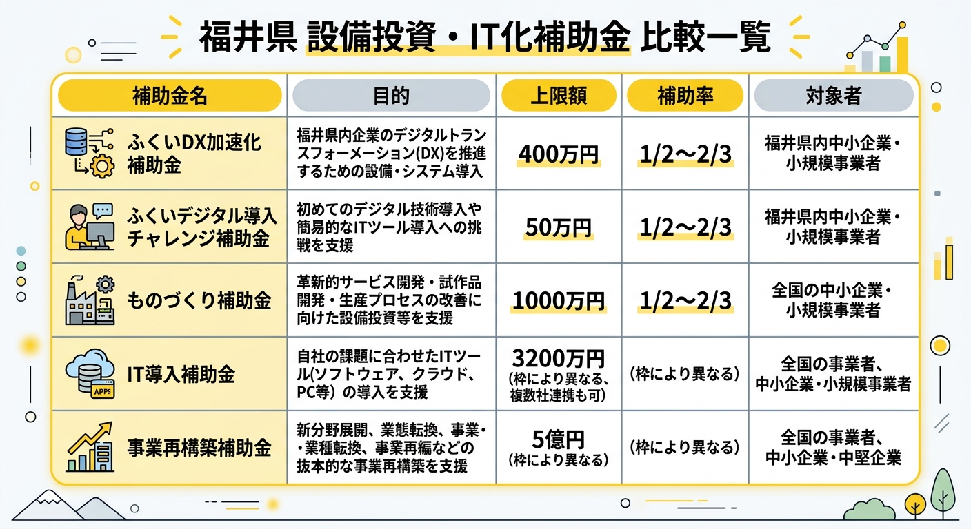 福井県 設備投資・IT化補助金 比較一覧