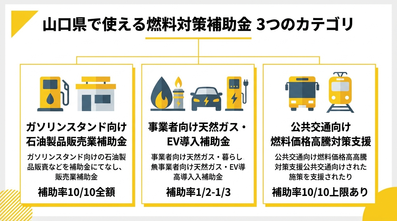 山口県で使える燃料対策補助金 3つのカテゴリ比較