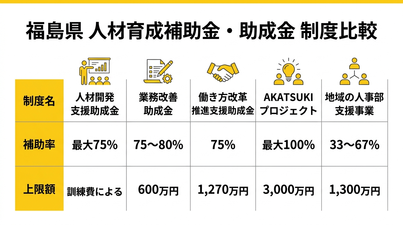 福島県 人材育成補助金・助成金 制度比較