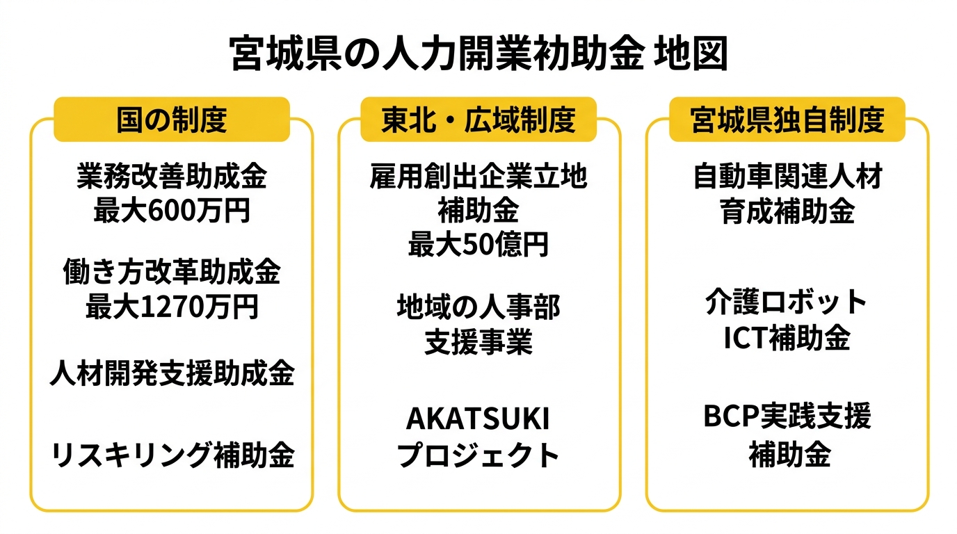 宮城県の人材育成補助金全体マップ