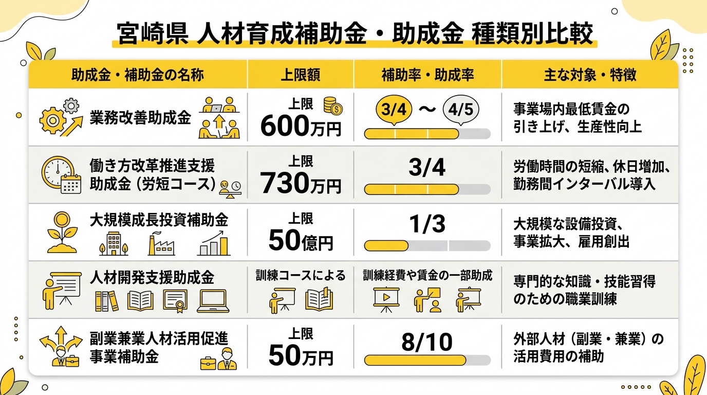 宮崎県の人材育成補助金・助成金の種類別比較インフォグラフィック