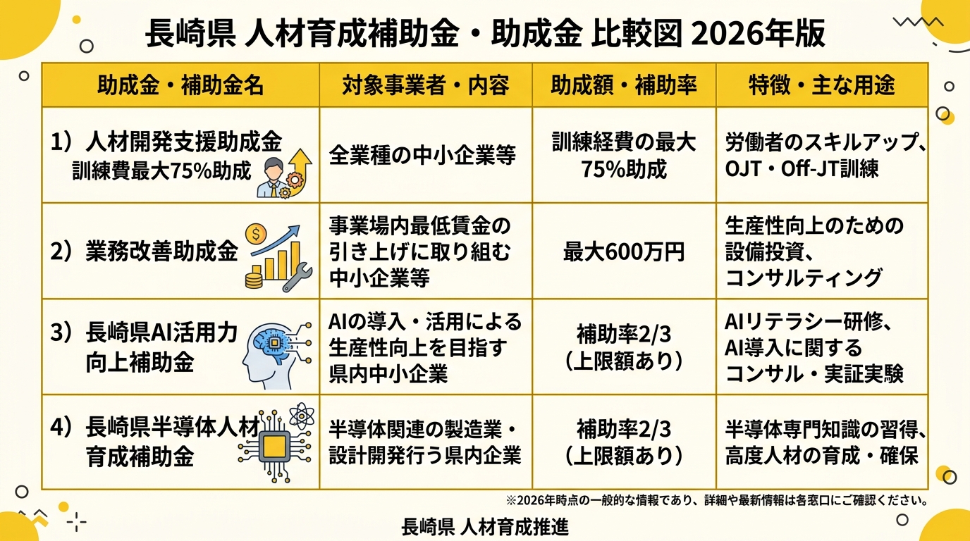長崎県 人材育成補助金・助成金 比較図 2026年版
