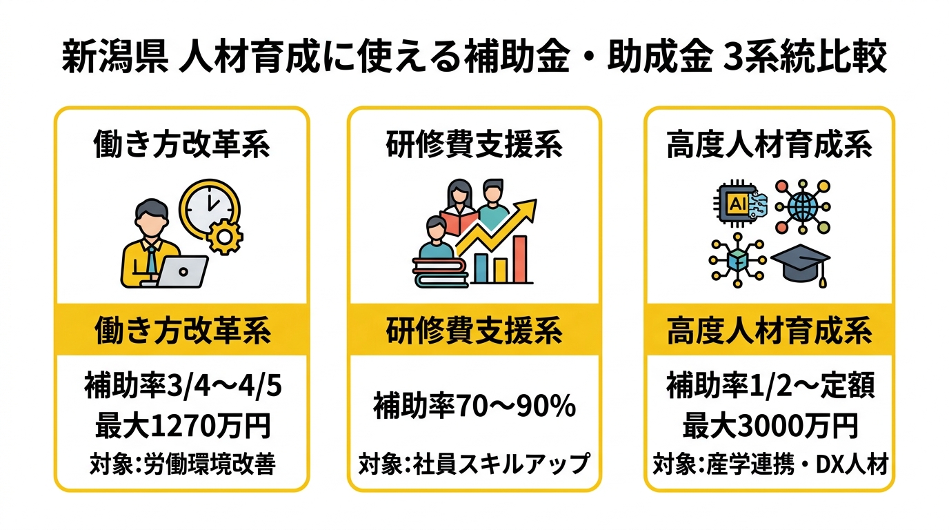 新潟県 人材育成に使える補助金・助成金 3系統比較