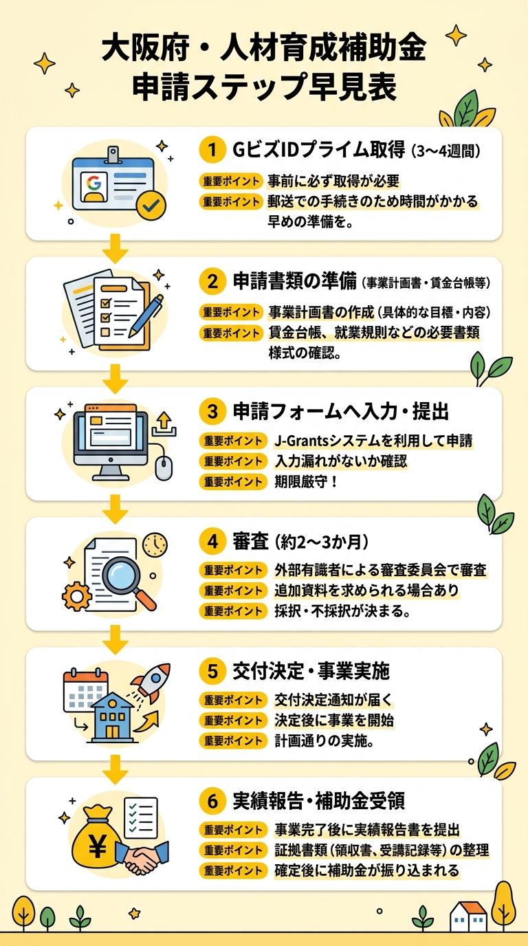 大阪府・人材育成補助金 申請ステップ早見表