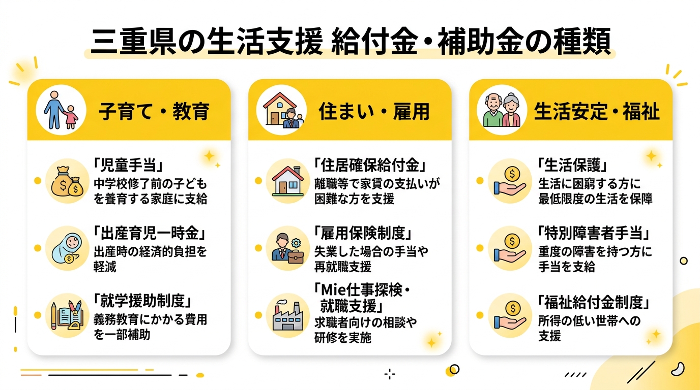 三重県の生活支援 給付金・補助金の種類比較