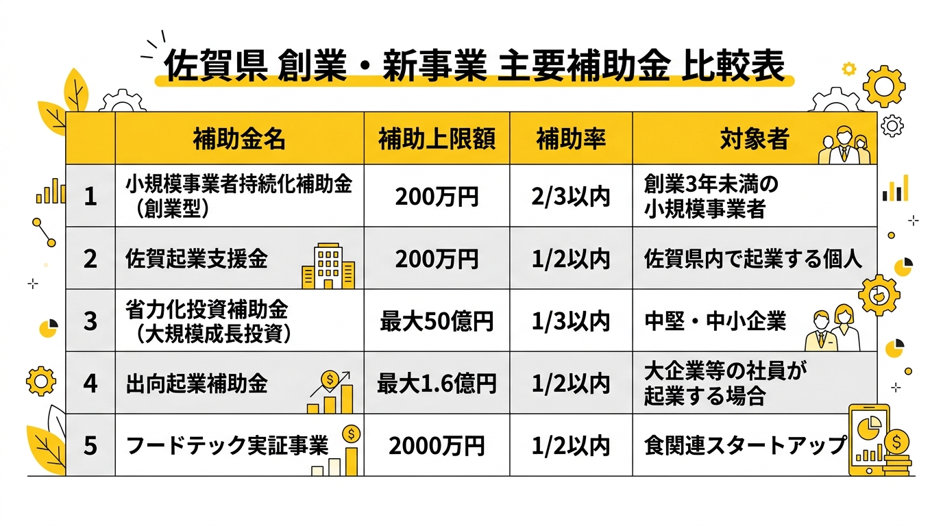 佐賀県 創業・新事業 主要補助金 比較表