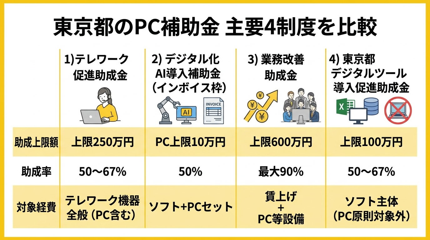 東京都のPC補助金 主要4制度を比較