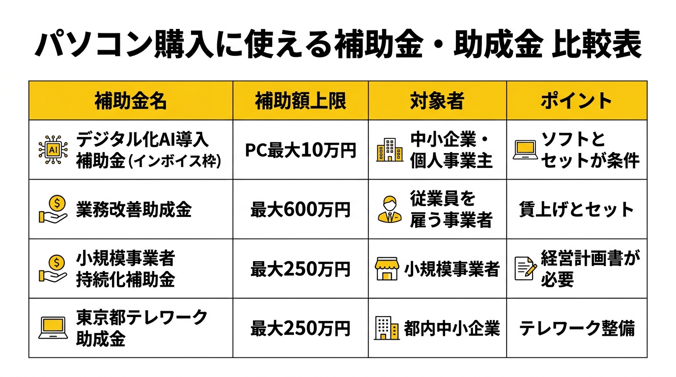 補助金の種類と対象者の比較図