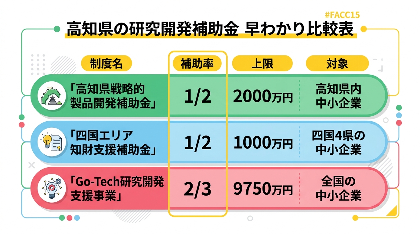 高知県の研究開発補助金 早わかり比較表