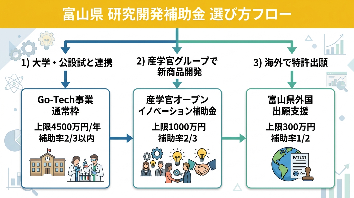 富山県の研究開発補助金 選び方フローチャート