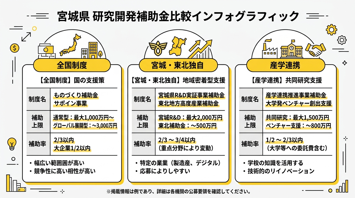 宮城県の研究開発補助金・助成金 主要制度比較