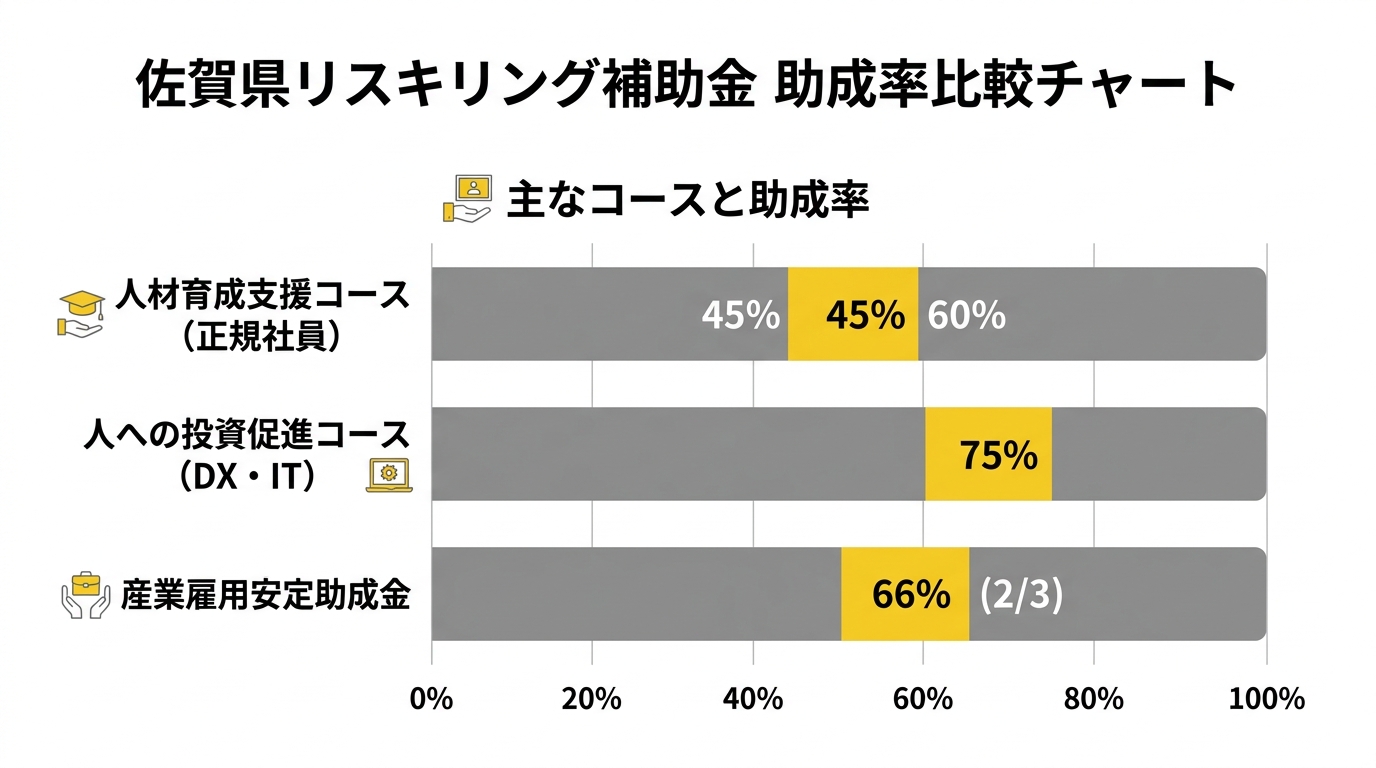 佐賀県リスキリング補助金 比較チャート - 人材開発支援助成金の各コース助成率比較インフォグラフィック