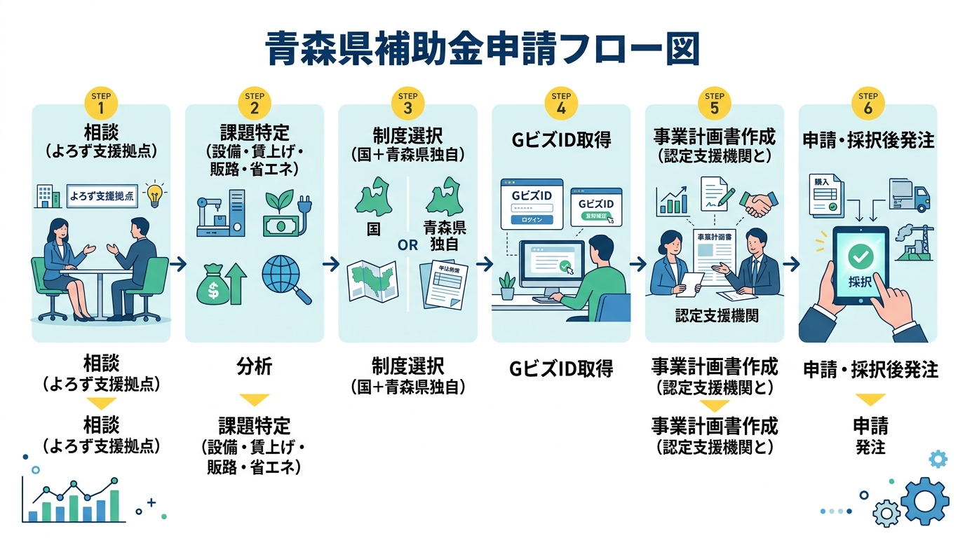 青森県中小企業向け補助金・申請フロー図