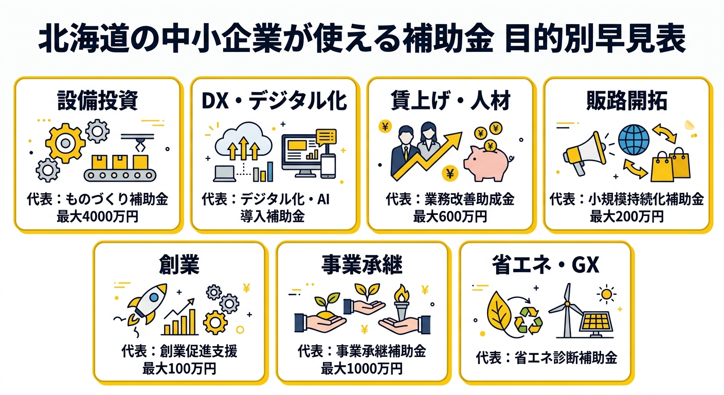 北海道の中小企業が使える補助金 目的別早見表