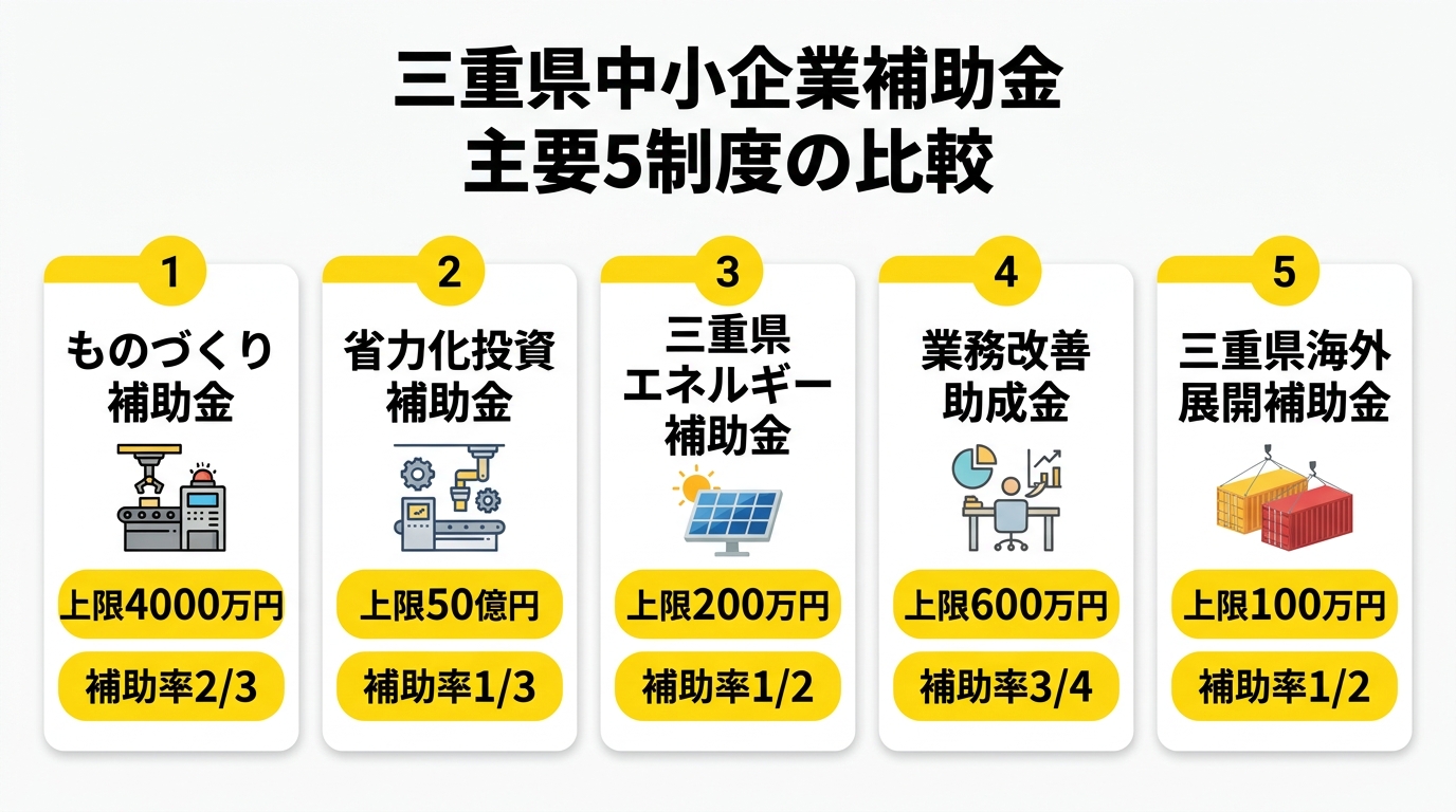 三重県中小企業補助金 主要5制度の比較
