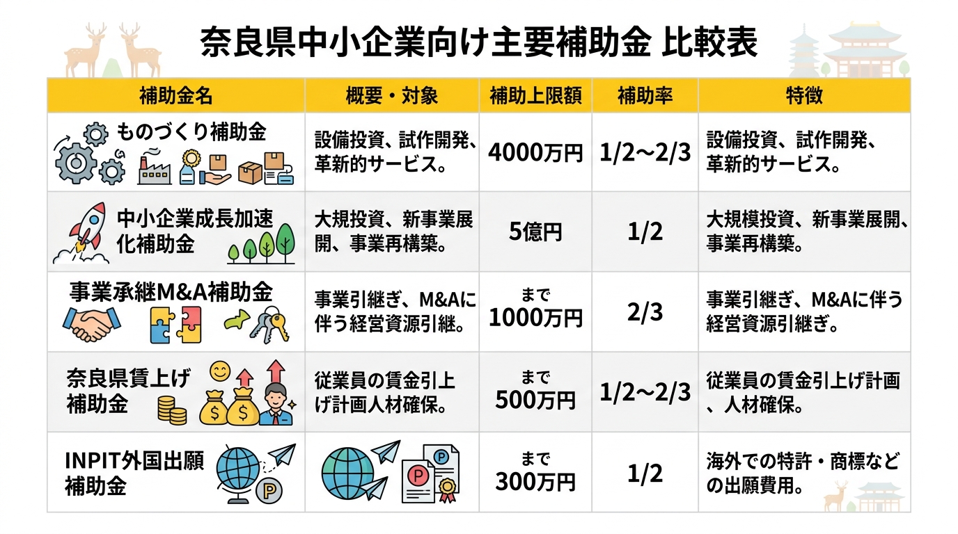 奈良県中小企業向け主要補助金 比較表
