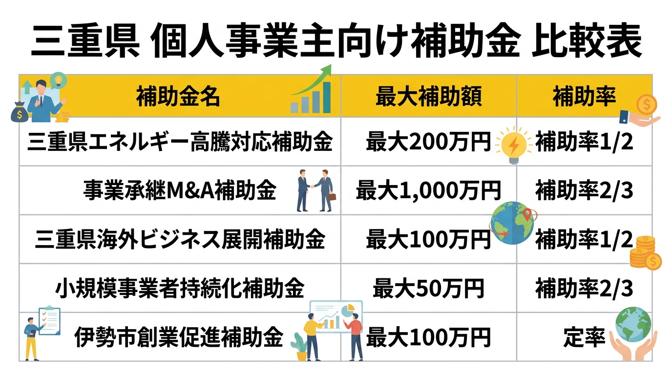 三重県 個人事業主向け補助金 比較表