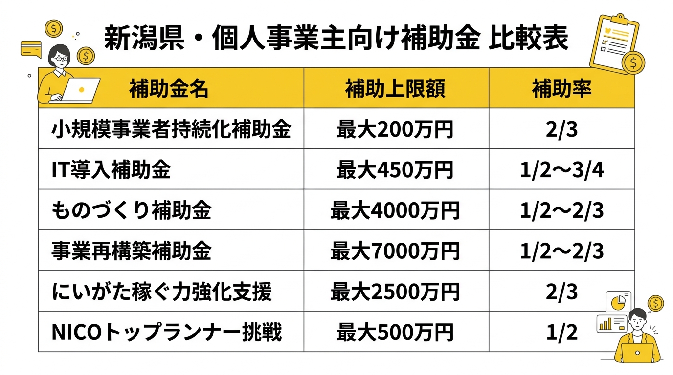 新潟県・個人事業主向け補助金 比較表