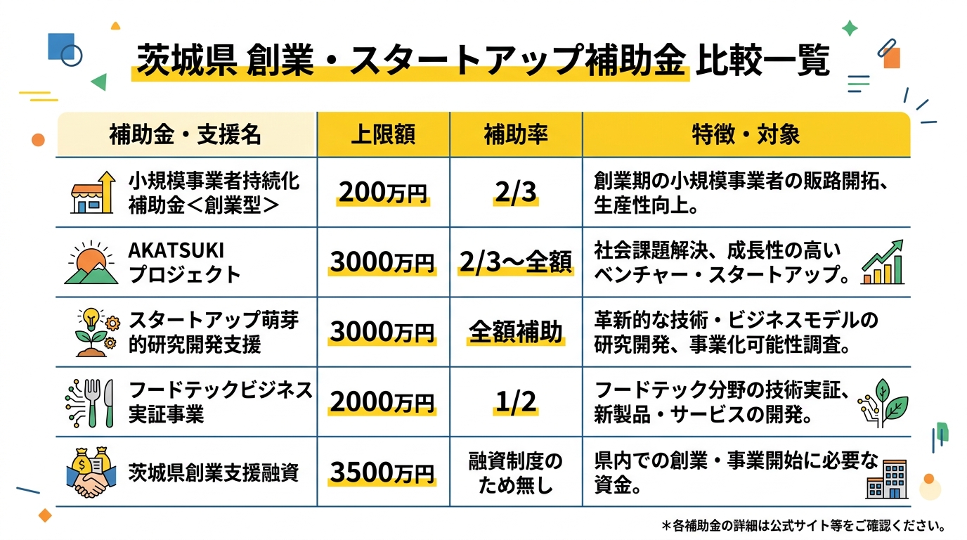 茨城県 創業・スタートアップ向け主要補助金 比較表