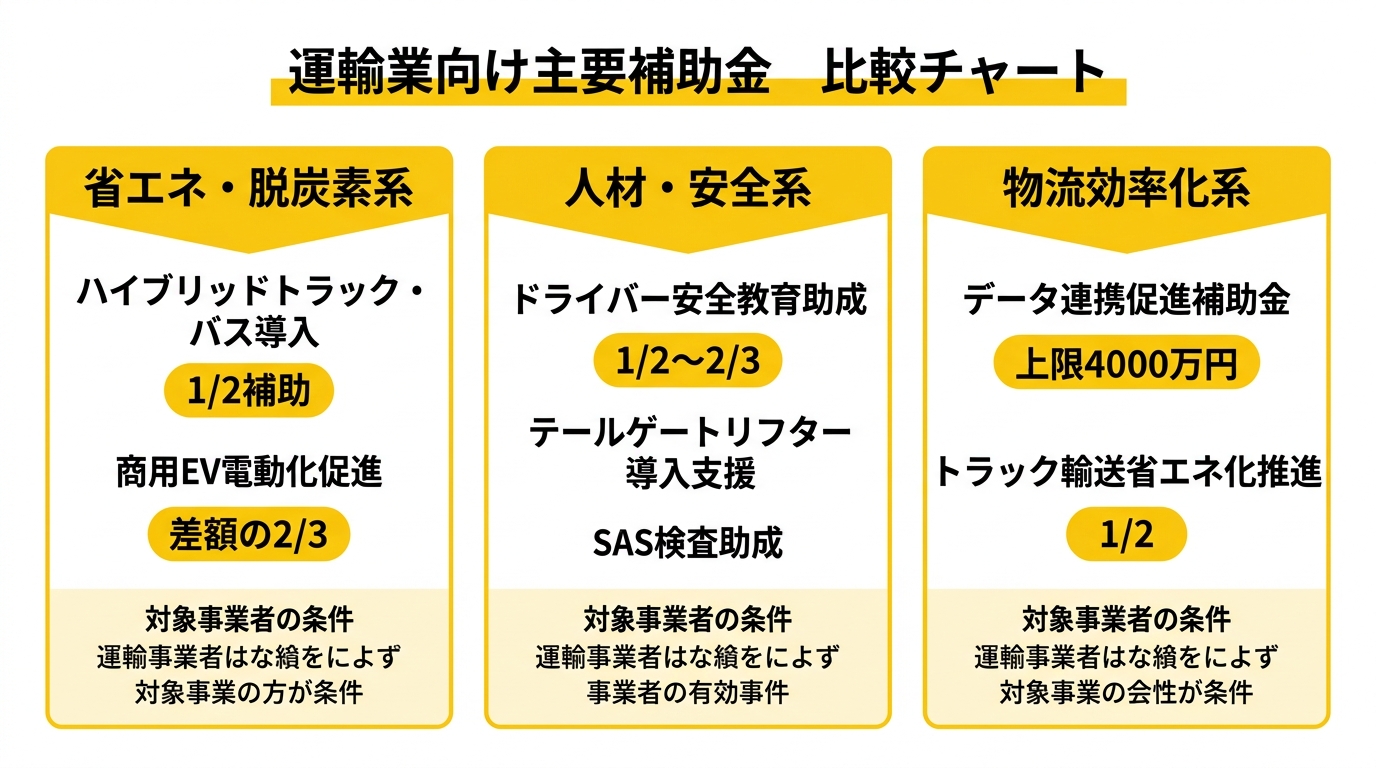 運輸業向け主要補助金 比較チャート