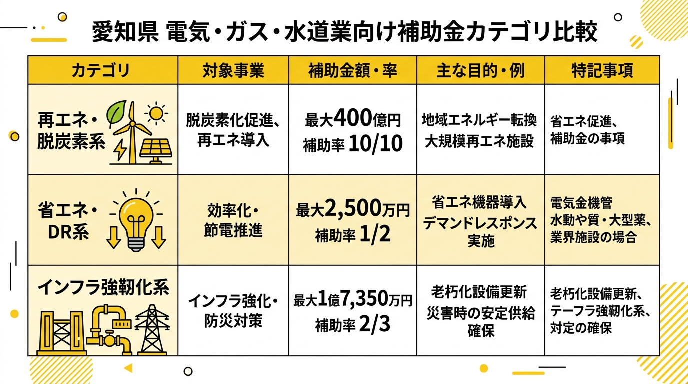 愛知県電気・ガス・水道業向け補助金カテゴリ比較図