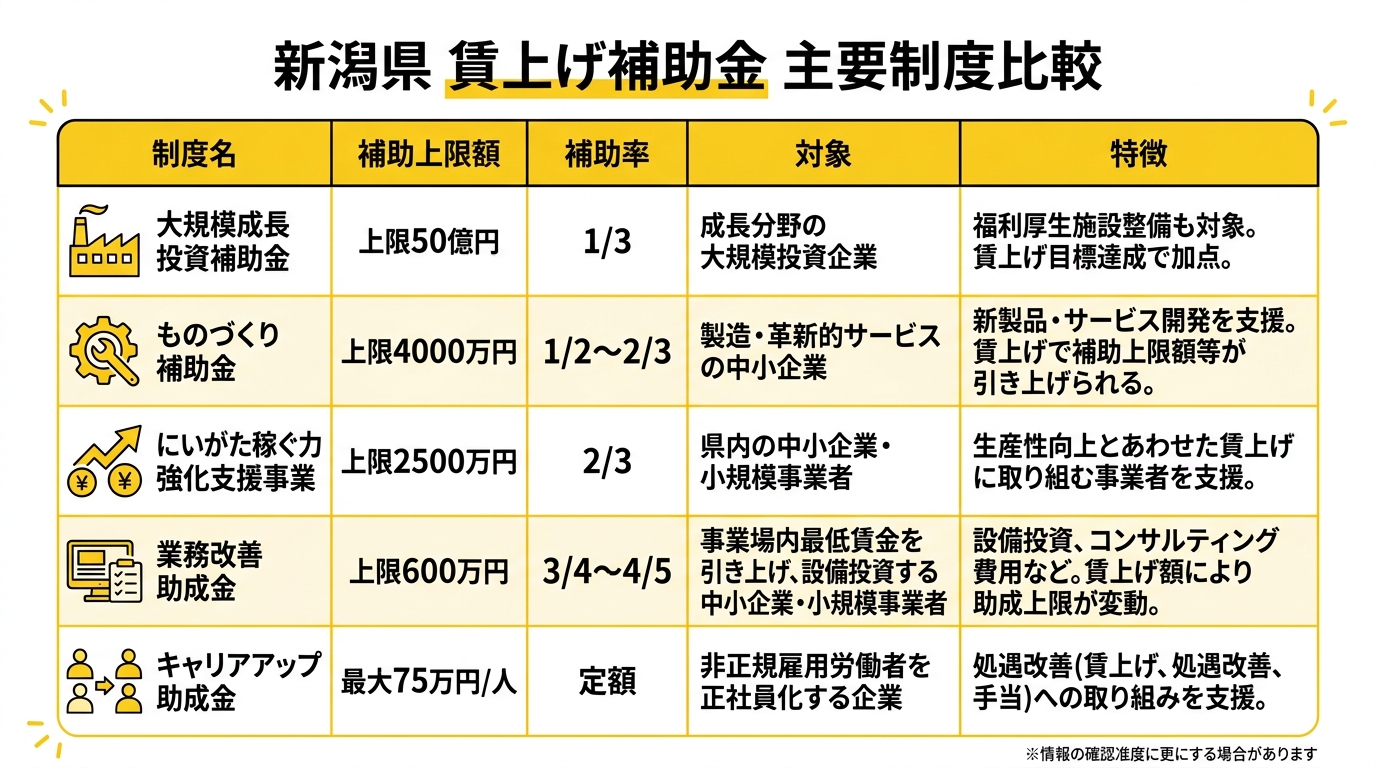 新潟県 賃上げ補助金 主要制度比較