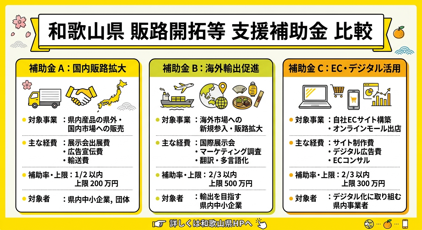 和歌山県 販路拡大・海外展開 補助金カテゴリ別比較